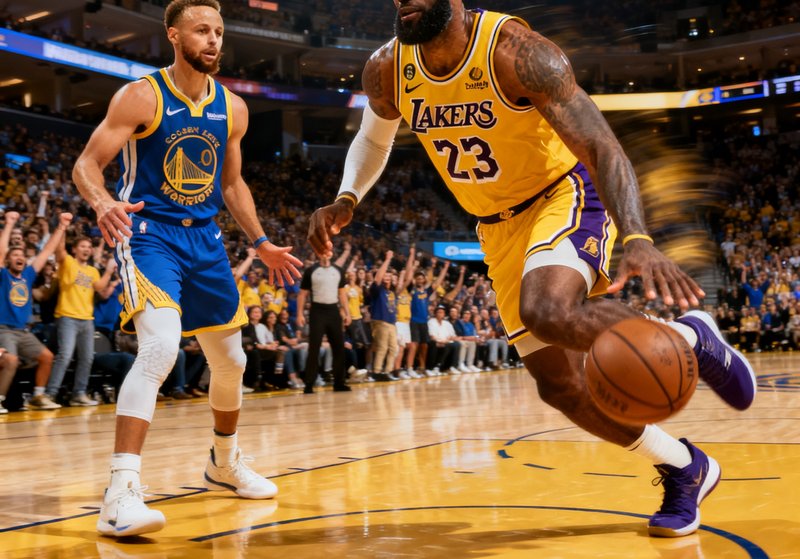 NBA常规赛湖人主场对阵勇士，詹姆斯突破上篮瞬间，库里在三分线外注视防守